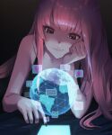  1girl bangs bare_arms black_nails cellphone dark dark_room eyebrows_behind_hair globe head_rest heart highres hiko_(hiko224556) hololive long_hair looking_down lying mori_calliope on_stomach phone pink_hair red_eyes science_fiction sleeveless smartphone smile solo 
