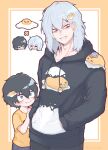  2boys :&gt; age_progression bangs black_hair black_hoodie black_pants blush boku_no_hero_academia border character_hair_ornament character_print child commentary creature crossover disembodied_limb drawstring dual_persona egg eggshell grey_eyes grey_hair gudetama hair_between_eyes hair_ornament hand_on_another&#039;s_arm hands_in_pockets head_rest highres hood hood_down hoodie inukai_(inuuowoukai) long_sleeves looking_at_another lying male_child medium_hair messy_hair mole mole_under_mouth multiple_boys on_stomach open_mouth outside_border pants print_hoodie red_eyes scar scar_across_eye scar_on_face scar_on_mouth shigaraki_tomura shirt short_hair short_sleeves simple_background smile standing time_paradox white_background yellow_border yellow_shirt younger 