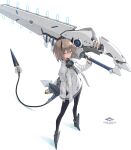  1girl black_legwear brown_hair commentary_request full_body highres horns huge_weapon long_sleeves looking_at_viewer mechanical_tail original over_shoulder poco_(asahi_age) short_hair simple_background solo standing tail violet_eyes weapon weapon_over_shoulder white_background 