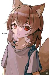  1girl absurdres animal_ear_fluff animal_ears brown_hair check_copyright collarbone copyright_request eyelashes grey_background grey_shirt hair_between_eyes highres long_hair original red_eyes shirt signature simple_background solo syu45 t-shirt tail 