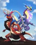  black_sclera claws closed_mouth clouds colored_sclera commentary day highres kelvin-trainerk koraidon miraidon no_humans outdoors pokemon pokemon_(creature) sky standing twitter_username yellow_eyes 