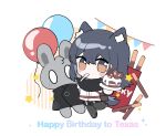  1girl animal_ear_fluff animal_ears arknights balloon bangs black_capelet black_footwear black_hair black_jacket black_legwear black_shorts blush_stickers brown_eyes cake capelet character_name commentary_request food hair_between_eyes happy_birthday highres jacket legwear_under_shorts long_hair looking_at_viewer pantyhose pennant pocky shoes short_shorts shorts solo string_of_flags striped stuffed_animal stuffed_bunny stuffed_toy tail texas_(arknights) utensil_in_mouth vertical_stripes white_background white_jacket xijian 