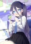  1girl absurdres arisu_(blue_archive) bea8do88 blue_archive blue_eyes blue_necktie blush breast_pocket coffee_mug cup hairband halo highres holding holding_cup looking_at_viewer mug necktie one_side_up pocket school_uniform shirt sitting solo steam white_shirt 