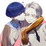  2others ^_^ androgynous annoyed arm_around_shoulder arm_on_shoulder bangs blue_hair blunt_bangs cairngorm_(houseki_no_kuni) closed_eyes closed_mouth collar collared_shirt colored_eyelashes colored_skin eyebrows_visible_through_hair eyelashes gem_uniform_(houseki_no_kuni) golden_arms grey_hair heart houseki_no_kuni kiss kissing_cheek kuzudon lowres moon_uniform_(houseki_no_kuni) multiple_others necktie other_focus parted_hair phosphophyllite phosphophyllite_(ll) pulled_by_another see-through see-through_sleeves shirt simple_background surprise_kiss surprised v-shaped_eyebrows white_skin wide_sleeves 