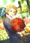  1boy blonde_hair bouquet charade_maniacs chigasaki_mamoru earrings flower formal hexagonics holding holding_bouquet jewelry looking_at_viewer male_focus red_flower red_ribbon ribbon smile solo standing stud_earrings suit 