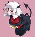  1girl black_horns black_jacket black_pants black_tail blazer blush book breasts demon_girl demon_horns demon_tail heart heart-shaped_eyes helltaker horns jacket kneeling large_breasts looking_at_viewer modeus_(helltaker) oioidaddy pants pink_background red_eyes red_sweater ribbed_sweater sweater tail thighs wavy_mouth white_hair 
