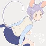  1girl 2020 animal_ear_fluff animal_ears bangs blue_legwear blue_shirt blue_skirt brown_vest chinese_zodiac expressionless highres idolmaster idolmaster_million_live! light_blush long_sleeves looking_back makabe_mizuki mouse mouse_ears mouse_girl mouse_tail new_year no_shoes on_floor over-kneehighs pleated_skirt purple_hair razi shirt short_hair sidelocks sitting skirt solo tail thigh-highs vest wariza wrist_cuffs year_of_the_rat yellow_eyes 