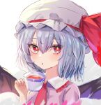  1girl :o absurdres bat_wings collared_dress cup dress grey_hair hat hat_ribbon highres holding holding_cup looking_at_viewer lshiki medium_hair red_eyes remilia_scarlet ribbon solo teacup touhou white_background wings 