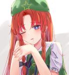  1girl absurdres arm_support blue_eyes bow chinese_clothes hat highres hong_meiling long_hair looking_at_viewer lshiki one_eye_closed redhead saliva simple_background sleepy solo star_(symbol) touhou white_background 