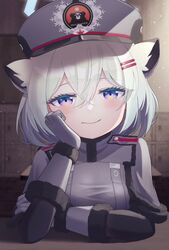  1girl absurdres animal_ears blue_archive blue_hair blush cal_minutes epaulettes gloves hair_ornament hairclip hand_on_own_chin hat highres looking_at_viewer military military_hat military_uniform shigure_(blue_archive) short_hair smile solo uniform violet_eyes visor_cap 