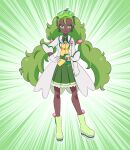1girl breasts clover_earrings dark-skinned_female dark_skin earrings gloves goggles goggles_on_head green_eyes green_footwear green_hair green_skirt hapuriainen hugtto!_precure jacket jewelry long_hair original precure shirt skirt small_breasts twintails white_gloves white_jacket yellow_shirt