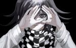  1boy a12740807 bangs black_background checkered_clothes checkered_scarf closed_mouth danganronpa_(series) danganronpa_v3:_killing_harmony flipped_hair hands_up long_sleeves male_focus medium_hair ouma_kokichi portrait scarf simple_background smile solo 