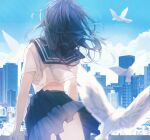 1girl absurdres bare_arms bird blue_hair blue_skirt city clothes_lift clouds commentary_request dove facing_away floating_hair from_behind highres immi_immi long_hair original outdoors sailor_collar school_uniform shadow short_sleeves skirt skirt_lift sky solo white_bird 