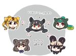  1girl 5girls african_wild_dog_(kemono_friends) animal_ears arrow_(symbol) asihire bear_ears bear_girl black_bow black_bowtie black_hair black_scarf blonde_hair blue_bow blue_bowtie bow bowtie brown_bear_(kemono_friends) brown_eyes brown_hair circlet commentary_request dog_ears dog_girl extra_ears eyebrows_visible_through_hair golden_snub-nosed_monkey_(kemono_friends) green_hair green_hood high_collar hood hood_up kemono_friends long_hair monkey_girl monkey_tail multicolored_hair multiple_girls orange_eyes panther_chameleon_(kemono_friends) ponytail red_eyes reptile_girl scarf short_hair solo sweatdrop tail translation_request twintails two-tone_hair white_hair 
