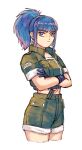  1girl bamboobamboo68 bangs black_gloves blue_eyes blue_hair crop_top crossed_arms earrings gloves green_jacket green_shorts highres jacket jewelry leona_heidern looking_at_viewer military military_uniform ponytail short_sleeves shorts the_king_of_fighters the_king_of_fighters_xv uniform 