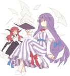  2girls :d book breasts closed_eyes dress head_wings holding koakuma long_hair long_sleeves multiple_girls necktie open_mouth patchouli_knowledge purple_hair redhead satou_kibi shirt skirt smile striped striped_dress touhou vertical-striped_dress vertical_stripes very_long_hair violet_eyes white_background wings 