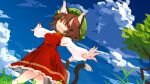  1girl animal_ear_fluff animal_ears bangs blue_sky brown_hair cat_ears cat_tail chen closed_mouth clouds dress fingernails grass green_headwear hat highres long_fingernails long_sleeves looking_at_viewer mob_cap multiple_tails nekomata outdoors outstretched_arms red_dress red_eyes red_nails short_hair sky solo standing tail tobenai_todo touhou tree 