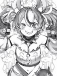  1girl animal_ears bare_shoulders blush character_doll detached_sleeves gloves greyscale grin hakos_baelz highres holding hololive hololive_english irys_(hololive) looking_at_viewer midriff monochrome mouse mouse_ears multicolored_hair nanashi_(nlo) navel sharp_teeth smile solo streaked_hair teeth twintails 