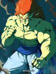  1boy absurdres blue_eyes bojack clenched_hands colored_skin dragon_ball dragon_ball_z earrings fighting_stance green_skin highres horang4628 jewelry korean_commentary long_hair looking_at_viewer male_focus muscular muscular_male pants pointy_ears redhead scar scar_on_chest smile solo topless_male 