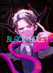  1boy 6429osushi black_background black_jacket blue_shirt brown_hair cobra_(animal) english_text evol_blackhole evolto isurugi_souichi jacket kamen_rider kamen_rider_build_(series) looking_at_viewer male_focus pink_pupils pink_scales red_eyes see-through_clothes see-through_headwear shirt short_hair smirk solo tokusatsu upper_body 