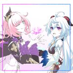 2girls :d ahoge bangs bare_shoulders blue_eyes blue_hair closed_mouth company_connection crossover crystal elf elysia_(honkai_impact) ganyu_(genshin_impact) genshin_impact highres honkai_(series) honkai_impact_3rd horns k-fami_271617 long_hair mihoyo multiple_girls one_eye_closed open_mouth pink_hair pointy_ears sketch smile violet_eyes white_background white_sleeves