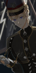  absurdres black_coat black_hat black_shirt blonde_hair blue_eyes buttons chain closed_mouth coat collared_shirt diamond_button eyelashes glint_in_the_night_(shining_nikki) gloves hair_between_eyes hat highres holding holding_removed_eyewear indoors kohanai_setsuna lightning lipstick loen_(shining_nikki) looking_at_viewer makeup military_hat military_uniform nikki_(series) nostrils pink_lips pointy_nose round_eyewear shako_cap shining_nikki shirt short_hair smile storm sunglasses tinted_eyewear unworn_eyewear white_gloves window yellow-tinted_eyewear 