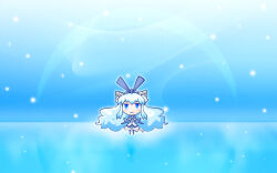  1girl animal_ears blue_eyes blue_hair blue_theme chibi chibi_only dress frutiger_aero full_body hair_ribbon highres jitome long_hair looking_at_viewer original os-tan personification ribbon sato_(esuplusesu) snow_leopard-tan snow_leopard_ears snow_leopard_girl snow_leopard_tail solo very_long_hair white_dress 