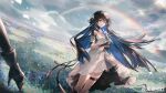  1girl black_hair clouds cloudy_sky disembodied_limb dress field flower flower_field grass hair_ornament highres long_hair looking_at_viewer multicolored_hair official_art punishing:_gray_raven rainbow selena_(punishing:_gray_raven) sky smile solo thigh_strap two-tone_hair upper_body white_dress zhang_shuang_pa_mi_shi 