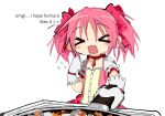  &gt;_&lt; 1girl :3 :d bangs blush blush_stickers bow buttons choker clenched_hand closed_eyes commentary cooking dress english_commentary english_text eyebrows_visible_through_hair facing_viewer flying_sweatdrops food frills frying_pan gloves hair_bow hand_up highres holding holding_frying_pan iamgod_0526 kaname_madoka mahou_shoujo_madoka_magica no_nose open_mouth pink_bow pink_dress pink_hair puffy_short_sleeves puffy_sleeves red_choker short_hair short_sleeves short_twintails simple_background smile solo soul_gem twintails white_background white_gloves white_sleeves 