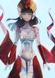  1girl blue_background blue_eyes bodysuit cowboy_shot floating_hair hair_ornament hat highres isonokami_tao ituki long_hair looking_at_viewer official_alternate_costume shin_megami_tensei shin_megami_tensei_v shin_megami_tensei_v:_vengeance simple_background solo white_bodysuit 