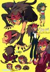 1girl :&lt; all_fours animal_ears barefoot brown_hair cat_ears cat_girl cat_tail catra chibi claws fangs fingerless_gloves fingernails formal freckles gloves heterochromia masters_of_the_universe red_suit sharp_fingernails sharp_toenails she-ra_and_the_princesses_of_power single_sleeve squatting striped_fur suit sword tail take_(illustrator) toenails tuxedo weapon yellow_background younger 