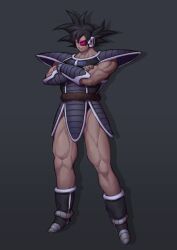  1boy black_hair commentary crossed_arms dragon_ball grey_background highres monkey_tail muscular muscular_male nun_(cnrf3882) saiyan_armor solo spiky_hair tail tail_around_own_waist tullece 