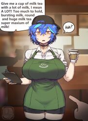  1girl apron aqua_hair backwards_hat baseball_cap blue_hair breasts commentary dif_(difman) difman green_apron green_eyes hat huge_breasts iced_latte_with_breast_milk_(meme) meme messy_hair multicolored_hair original parted_lips speech_bubble streaked_hair symbol-only_commentary 