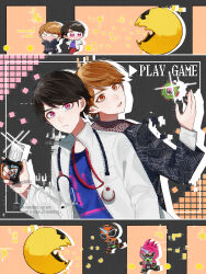  1other 2boys absurdres back-to-back blue_shirt brown_hair chibi chibi_inset commentary_request crossover english_text eyecon frown gashat glitch highres holding hoshi_no_shizuku houjou_emu kamen_rider kamen_rider_ex-aid kamen_rider_ex-aid_(series) kamen_rider_ghost kamen_rider_ghost_(series) lab_coat looking_at_viewer looking_back multicolored_shirt multiple_boys orange_eyes pac-man pac-man_(game) pink_eyes rider_gashat running shirt short_hair stethoscope_around_neck sweatdrop tenkuuji_takeru tokusatsu 