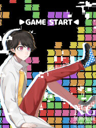  1boy absurdres black_background brown_hair checkered_shoes commentary_request crossover english_text glitch highres hoshi_no_shizuku houjou_emu kamen_rider kamen_rider_ex-aid_(series) lab_coat looking_up male_focus mismatched_shoes pants pink_eyes red_pants shirt shoes short_hair sitting sneakers solo tetris tokusatsu yellow_shirt 