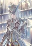  1girl absurdres artist_request ascot bloodborne blue_eyes cape coat gem gloves hat hat_feather highres lady_maria_of_the_astral_clocktower long_hair looking_at_viewer ponytail simple_background smile solo tricorne weapon white_hair 