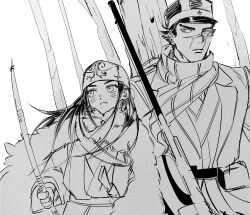  1boy 1girl ainu ainu_clothes asirpa bad_id bad_twitter_id blush bow_(weapon) closed_mouth fovopobo golden_kamuy greyscale gun hat headband highres holding holding_bow_(weapon) holding_gun holding_weapon long_hair looking_to_the_side military_hat monochrome scar scar_on_face scarf sugimoto_saichi upper_body weapon 