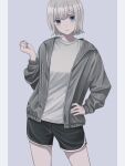  1girl absurdres bangs blue_eyes closed_mouth commentary_request grey_background grey_hair grey_jacket hand_on_hip highres jacket long_sleeves n2chi1l open_clothes open_jacket original shirt short_hair short_shorts shorts solo two-tone_background white_background white_shirt 