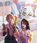  1girl 2boys akzk_kh asymmetrical_hair back_bow balloon bangs blonde_hair blue_eyes bob_cut bow bracelet breasts brick_road brown_hair chain_necklace couple cropped_hoodie detached_sleeves final_fantasy final_fantasy_x food food_stand gloves green_eyes hair_between_eyes heterochromia highres holding holding_spoon hood hoodie ice_cream ice_cream_cone japanese_clothes jewelry medium_breasts multiple_boys necklace open_clothes open_mouth open_shirt parted_bangs pectorals ring shirt short_hair spoon suspenders tidus upper_body white_shirt wide_sleeves yuna_(ff10) 