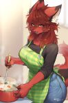  1girl absurdres animal_ear_fluff animal_ears animal_nose apron black_shirt blue_pants blurry blurry_background body_fur commission cooking denim food furry furry_female green_apron highres holding holding_ladle jeans ladle looking_at_viewer open_mouth original pants plaid plaid_apron raglan_sleeves red_fur redhead shirt short_hair skeb_commission snout solo suurin_(ksyaro) tail yellow_eyes 