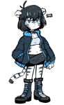 1girl animal_ears bandaid bandaid_on_face bandaid_on_nose belt_collar bike_shorts black_hair black_jacket blue_eyes bob_cut boots closed_mouth collar colored_skin full_body furry furry_female hand_in_pocket highres jacket looking_at_viewer medium_hair midriff navel open_clothes open_jacket original simple_background solo standing strapless sui_(suizilla) tail tiger tiger_ears tiger_tail tube_top white_background white_skin white_tiger 