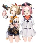  2girls ;o animal_ear_fluff animal_ears ark_john_up artist_name ash_blossom_&amp;_joyous_spring bangs_pinned_back belt black_belt black_headwear black_shorts blush bow brown_eyes brown_hair cat_ears cat_girl cat_tail choker cocktail_shaker commentary cosplay costume_switch cowboy_shot creature cropped_legs crossover detached_sleeves diona_(genshin_impact) dress embarrassed english_commentary floral_print forehead genshin_impact gloves green_eyes hair_bow hat highres long_sleeves looking_at_viewer looking_away looking_up multiple_girls navel one_eye_closed open_mouth paw_print paw_print_palms pink_hair pouch red_bow shirt short_dress short_eyebrows short_hair shorts sidelocks simple_background sleeveless sleeveless_shirt sleeves_past_fingers sleeves_past_wrists sparkling_eyes standing sweatdrop tail thick_eyebrows twitter_username white_background white_choker white_dress white_gloves white_shirt yu-gi-oh! 