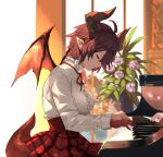 1girl bangs blurry blurry_background breasts center_frills closed_eyes closed_mouth colored_skin dragon_girl dragon_horns frills granblue_fantasy grea_(shingeki_no_bahamut) high-waist_skirt horns instrument large_breasts long_sleeves multicolored_skin music neck_ribbon nos piano plant playing_instrument pointy_ears potted_plant red_ribbon red_skirt redhead ribbon shirt short_hair sidelocks sitting skirt solo tail white_shirt wings
