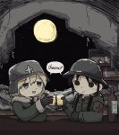  2girls :d alcohol beer black_eyes black_hair blob blue_eyes bottle chito_(shoujo_shuumatsu_ryokou) full_moon gloves helmet kishimen_udn military military_uniform moon multiple_girls night night_sky ruins shoujo_shuumatsu_ryokou sky smile toast_(gesture) twintails uniform yuuri_(shoujo_shuumatsu_ryokou) 