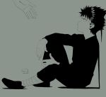  1boy bandages disembodied_limb full_body headband hiei_(yu_yu_hakusho) highres male_focus monochrome nori_(norimakigumo) simple_background sitting spiky_hair yu_yu_hakusho 