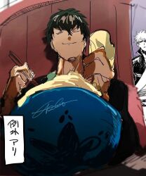  2boys black_hair bowl chopsticks closed_mouth commentary_request gintama hair_between_eyes hijikata_toushirou holding holding_chopsticks imamuu_(imamoon) male_focus mayonnaise mayonnaise_bottle multiple_boys sakata_gintoki short_hair smile white_hair 