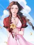  1girl 9yoqkp0sjtyzxoc absurdres aerith_gainsborough bangs braid braided_ponytail breasts choker clouds cloudy_sky collarbone cropped_jacket curly_hair dress falling_petals final_fantasy final_fantasy_vii final_fantasy_vii_remake flower green_eyes hair_ribbon highres holding holding_flower jacket medium_breasts parted_bangs parted_lips petals pink_dress red_jacket ribbon sidelocks sky smile solo upper_body yellow_flower 