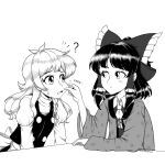  2girls ? bow braid buttons cheek_pinching closed_mouth eyebrows_visible_through_hair giantcavemushroom hair_bow hakurei_reimu highres kirisame_marisa long_sleeves looking_at_another medium_hair monochrome multiple_girls open_mouth pinching side_braid simple_background single_braid sweatdrop touhou upper_body 