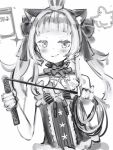  1girl animal_ears bare_shoulders blush cat_ears crown dress flat_chest greyscale grin highres holding holding_whip hololive looking_at_viewer mini_crown monochrome murasaki_shion nanashi_(nlo) sketch smile smug solo 