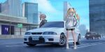  2girls black_hairband blonde_hair blue_eyes blue_sky brown_eyes brown_hair building car city cityscape commentary ground_vehicle hairband hands_in_pockets highres hood hoodie license_plate long_hair motor_vehicle multiple_girls nissan nissan_skyline_gt-r original outdoors parking_lot scenery shoes short_hair short_shorts shorts sky skyscraper sneakers sports_utility_vehicle sthk twintails white_footwear white_hoodie 